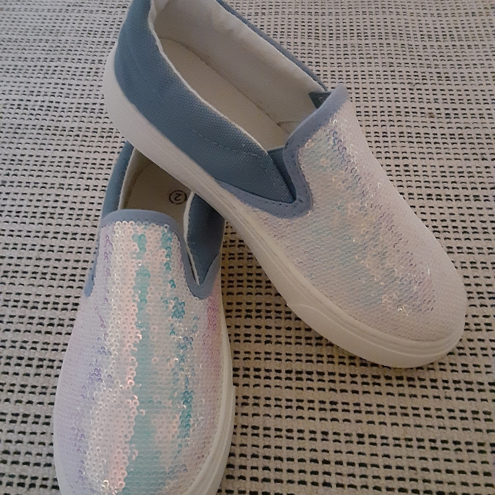 Girl's slip-on; iridescent white & blue, size 2 (33uk) - brand new/never worn